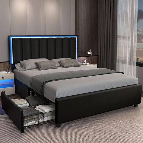 Amazon.com: IMMERSTABLE Queen Size Bed Frame with 4 Drawers and LED Headboard, Upholstered Bed Frame Queen with Storage, Heavy Duty Metal Frame and Wood Slat Support, Queen Bed Frame No Box Spring Needed, Black : Home & Kitchen Bed Box Design Modern, Full Size Upholstered Bed, Store Bedding, Bed Frame Full, Bed Frame No Box Spring, Led Headboard, Queen Size Beds, Bed Frame Queen, Queen Size Bed Frame