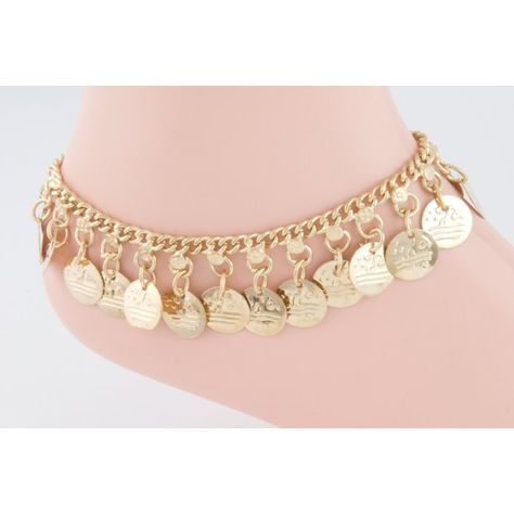 Gold Anklet with Row of Coins: Clothing (32 BRL) ❤ liked on Polyvore featuring jewelry, bracelets, belly dancer, accessories, necklaces, gold jewellery, yellow gold anklet, coin jewelry, yellow gold jewelry and coin jewellery Gold Coin Jewelry, Coin Anklet, Coin Jewellery, Anklet Gold, Accessories Necklaces, Belly Dance Jewelry, Anklet Designs, Belly Dancer, Gold Anklet