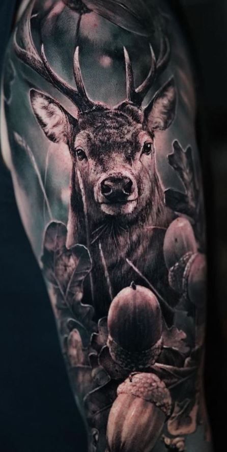 Wild Life Tattoos For Men, Deer Tattoo Sleeve For Men, Hunting Inspired Tattoos, Deer Tattoo Men Arm, Deer Face Tattoo, Buck Tattoo For Men, Buck Tattoo Men, Hunting Sleeve Tattoo For Men, Forest Animals Tattoo