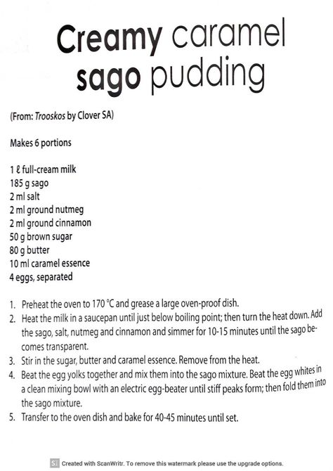 Sago Pudding South African, Sago Pudding Recipe, African Desserts, Maklike Resepte, Pudding Recipes Homemade, Sago Pudding, Easy Tart Recipes, African Dessert, Warm Desserts