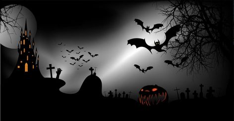 Halloween party banner, spooky dark background, silhouettes of characters and scary bats with gothic haunted castle, horror theme concept, scary pumpkin and dark graveyard, vector templates Horror Youtube Banner, Halloween Youtube Banner, Spooky Halloween Pfp, Horror Template, Scary Banner, Horror Banner, Dark Graveyard, Halloween Camera, Scary Graveyard