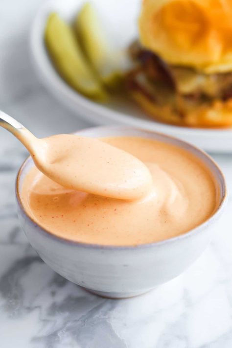 Our homemade burger sauce recipe is super simple and makes the most delicious, tangy, creamy sauce perfect for burgers! I bet you already have everything you need in your […] Sweet Burger Sauce, Homemade Burger Sauce, Burger Sauce Recipe, Balsamic Pork Chops, Inspired Taste, Burger Sauces Recipe, Flavored Butters, Perfect Burger, Homemade Burger