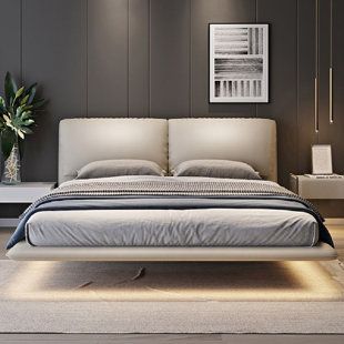 Low Profile Bed Frame, Beautiful Bed Designs, Leather Platform Bed, Headboard Shapes, Floating Bed Frame, Low Profile Bed, Bed Platform, Floating Bed, Beige Bed