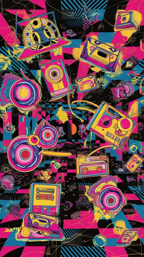 Dive into the lively essence of the 1980s with our vibrant retro wallpaper! Featuring geometric Memphis designs, bold pop art colors, and whimsical shapes, this energetic composition showcases nostalgic elements like cassette tapes and boomboxes. Perfect for any space celebrating youth, creativity, and exuberance, this design radiates a dance floor vibe. #80sWallpaper #RetroDesign #Nostalgia #PopArt #MemphisDesign 1980s Wallpaper, 1980s Madonna, Pop Art Colors, Memphis Design, Whitney Houston, 80s Retro, Retro Wallpaper, Retro Design, Pop Art