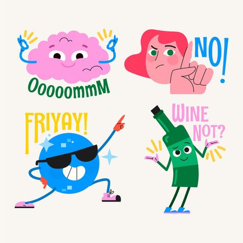 Flat illustration // v1 on Behance Kids Graphic Design, Illustration Design Graphique, Stickers Collection, Party Stickers, Posca Art, 캐릭터 드로잉, Flat Illustration, Illustration Character Design, Sticker Collection