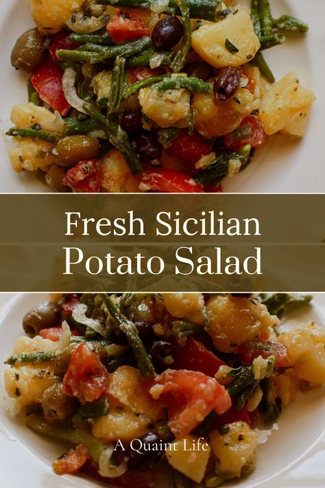 This Sicilian potato salad is a fresh tasting cold salad with large chunks of potatoes, olives, tomatoes, and green beans tossed in a light dressing.  It is simple to make and a great side for many different dishes. Italian Potato Salad With Green Beans, Italian Style Potato Salad, Italian Green Beans And Potatoes, Sicilian Potato Salad, Potato Salad With Olives, Sicilian Salad, Italian Potato Salad, Bean Salad Dressing, Green Bean Potato Salad