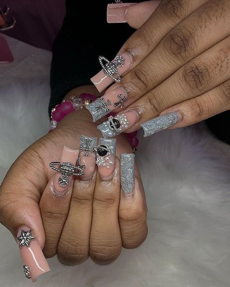 Star Duck Nails, Chrome Duck Nails, Grey Acrylic Nails, Punk Nails, Long Acrylic Nail Designs, Duck Nails, Colored Acrylic Nails, French Tip Acrylic Nails, Exotic Nails