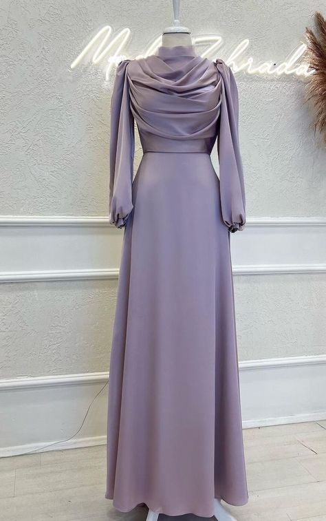 Hijab Purple Dress, Modest Satin Gown, Purple Satin Dress Hijab, Wedding Dress Purple Hijab, Hijabi Bridesmaid Dresses Satin, Arabic Gowns With Hijab, Baju Dress Hijab Styles, Purple Dress Hijab, Gaun Satin Dresses