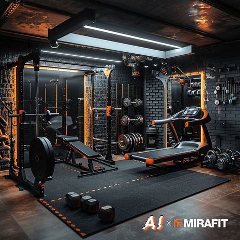 Home Martial Arts Gym, Beautiful Home Gym, Small Gym Design Interior, Basement Home Gym Ideas, Black Garage Gym, Home Garage Gym Ideas, Garage Entertaining Space, Black Gym Interior, Modern Gym Interior Design