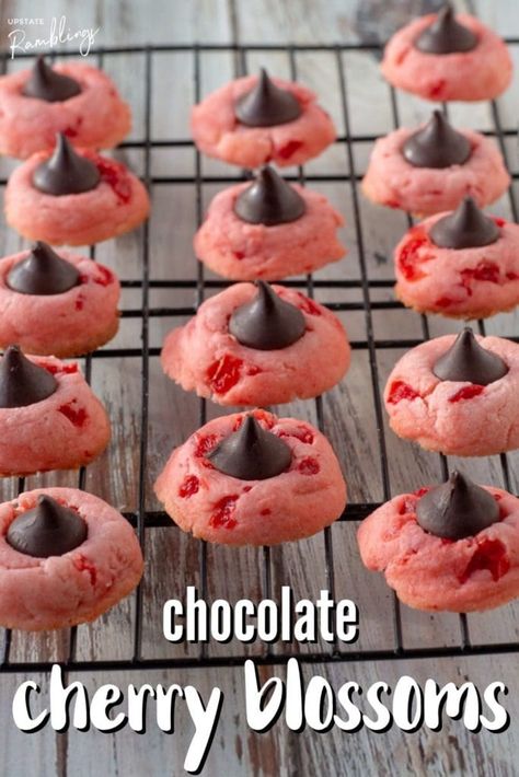 Cherry Hershey Kiss Cookies, Cherry Cookies With Hershey Kiss, Cherry Blossom Cookies Recipe, Cherry Blossom Cookies, Kiss Cookie, Cherry Cookies Recipes, Chocolate Kiss Cookies, Hershey Kiss Cookies, Chocolate Hershey