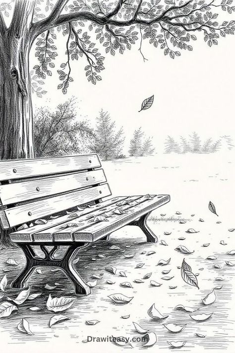 A detailed black-and-white sketch of a park bench under a tree with falling leaves. Park Bench Sketch, Autumn Sketch Ideas, Landscape Sketch Easy, Park Bench Drawing, Bench Sketch, Autumn Drawing Ideas, Autumn Sketches, Tree With Falling Leaves, Tree Pencil Sketch