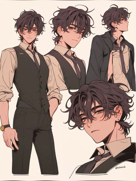 Tall Male Character Design, Sleeveless Turtleneck Drawing, Oc Hairstyles Ideas Male, Short Curly Hair Character Design, Royal Male Oc, Male Art Poses Reference, Male Oc Art Brown Hair, Young Male Character Design, Brown Haired Boy Art