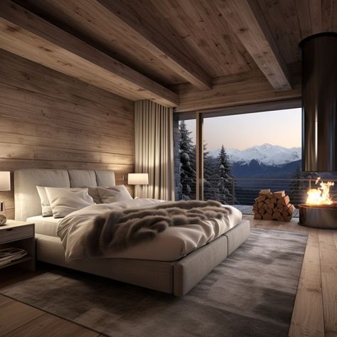 Cabin Rooms Bedrooms, Winter Cabin Mansion, Modern Winter Cabin, Mountain Retreat Bedroom, Swiss Interior Design, Mountain Home Bedroom, Mountain Bedroom, Christmas Hello Kitty, Sanrio Christmas