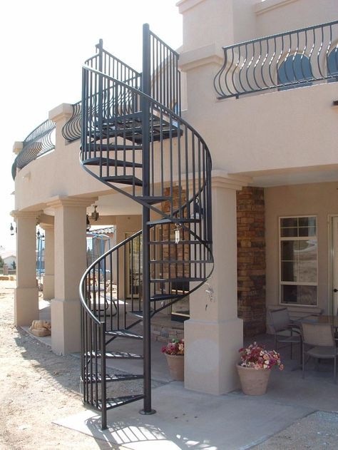 metal spiral staircase for sale | Standard exterior spiral stair with optional gate~painted to match ... Balusters Ideas, Modern Balusters, Spiral Staircase Outdoor, Spiral Staircase Kits, Spiral Stairs Design, درج السلم, Wrought Iron Stair Railing, Staircase Outdoor, Circular Stairs