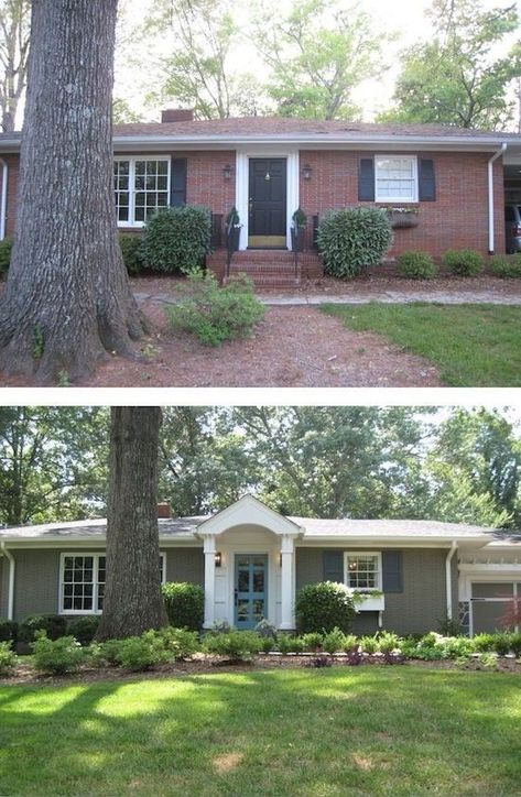 Curb Appeal On A Budget Ranch Home, Ranch House Remodel Exterior Curb Appeal, Adding Curb Appeal To A Flat House, Ranch House Curb Appeal, 1960s Ranch House Exterior, Ranch Curb Appeal, Exterior Remodel Before And After, Painted Brick Ranch, Brick House Exterior Makeover