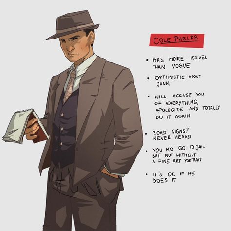 Detective Character Design Concept Art, 1920s Detective Aesthetic, 1920s Detective, Cole Phelps, Noir Detective, Steampunk Characters, Detective Aesthetic, Flat Design Illustration, Drawing Cartoon Characters