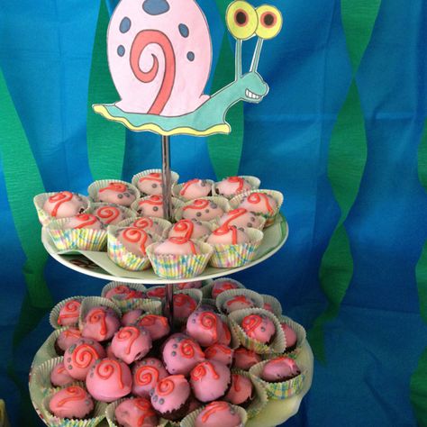 Spongebob's ONE& ONLY, G A R Y, serving up brownie bites dressed up as snails from the sea... Mmmm. Spongebob Party Decorations, Spongebob Birthday Party Decorations, Bob Sponge, Peanuts Party, 25th Birthday Cakes, Spongebob Cake, Spongebob Birthday Party, 25th Birthday Parties, Spongebob Party