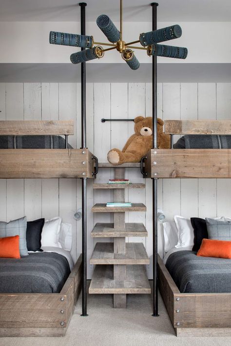 Fun bunk room in MODERN SKI HOME - Locati Architects & Interiors | Bozeman, Big Sky Architects Modern Ski Home, Locati Architects, Rustic Kids Rooms, Ski Apartment, Ski House Decor, Ski Home, Bunk Bed Rooms, Bunk Beds Built In, White Shiplap Wall