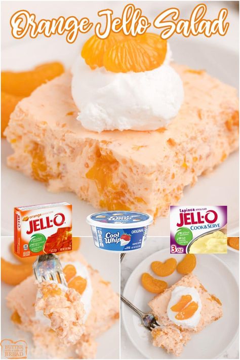 Orange Jello Salad is light, refreshing and makes the perfect side dish or dessert! Made with orange jello, tapioca pudding, whipped topping, mandarin oranges and crushed pineapple. Mandarin Orange Dessert Recipes, Mandarin Orange Jello Salad, Orange Jello Salad, Orange Recipes Dessert, Orange Jello Salads, Pineapple Jello, Jello Mold Recipes, Congealed Salad, Cool Whip Desserts