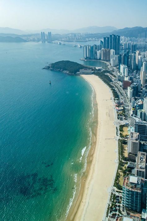 View of Haeundae Beach from Busan X the SKY Busan Haeundae Beach, South Korea Famous Places, Beaches In South Korea, Busan South Korea Beach, Busan Beach Aesthetic, South Korea Pics, South Korea Beach, Korea Moodboard, Haeundae Beach Busan