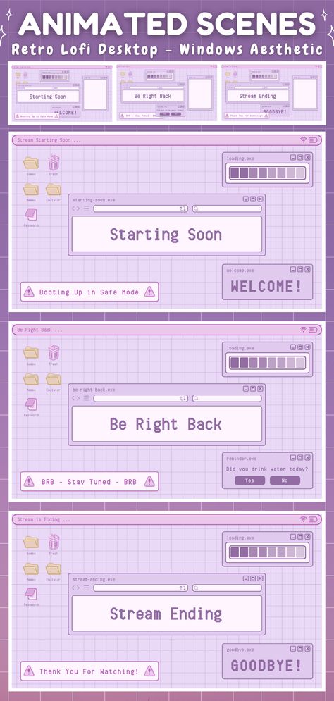 Animated Twitch Screens - Purple Retro Lofi Windows Aesthetic - Twitch Gameplay Overlay, Twitch Ending Screen, Twitch Starting Soon Screen Ideas, Retro Twitch Overlay, Twitch Streamer Aesthetic Overlay, Stream Layout Ideas, Starting Screen Twitch, Twitch Scene Ideas, Stream Overlay Aesthetic