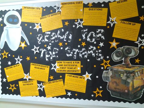 Engagement bulletin board! Wall-E theme, reaching for the starts and getting involved on campus! via Meagan, Dunn Hall Professional Development Bulletin Board, Engagement Bulletin Board, Resident Assistant Boards, Engineering Classroom, Res Life Bulletin Boards, Ra Inspiration, Inspirational Bulletin Boards, March Bulletin Board, College Bulletin Boards