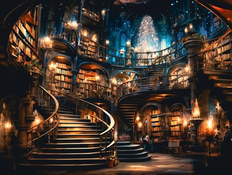 Magical Library Aesthetic, Fantasy Castle Library, Library Fantasy Magic, Magic Library Concept Art, Mythical Library, Fantasy Magic Shop, Fantasy Library Art, Magical School Aesthetic, Magical World Aesthetic