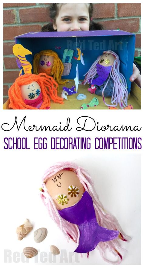 Fun Egg Decorating ideas.. DIY Mermaid Egg Diorama - Red Ted Art's Blog School Egg Decorating Ideas, Egg Decorating Competition, Mermaid Egg, Easter Egg Competition Ideas, Egg Diorama, Easter Egg Ideas, Egg Decorating Ideas, Diy Mermaid, Egg Ideas