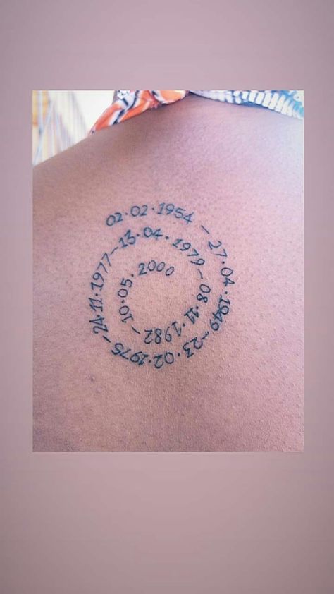 [Closer view] I got a tattoo of my family's birthdates spiralling out, with me at the centre. Family tree tattoo | Number tattoos | Spiral tattoo Family Birthdate Tattoos, Spiral Tattoo, Birthdate Tattoo, Kids Tattoo, Tattoo Number, Spiral Tattoos, Biblical Tattoos, Glyph Tattoo, Daffodil Tattoo