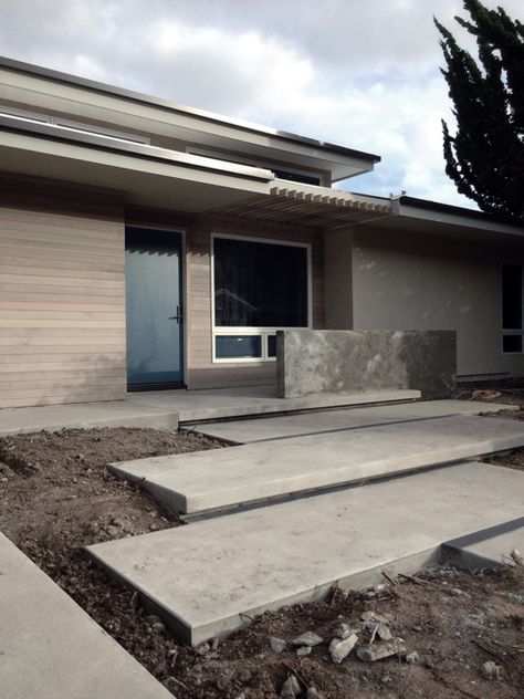 Exterior Steps, Floating Steps, Front Stoop, Concrete Walkway, Modern Entry, Concrete Pad, Hardscape Design, Exterior Stairs, Concrete Stairs