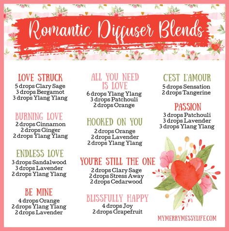 10 Romantic Essential Oil Diffuser Blends for Valentine's Day – My Merry Messy Life Romantic Oil Diffuser Blends, Diffuser Blends For Bedroom, February Diffuser Blends Doterra, Essential Oil Bedroom Blend, Bedroom Oil Blends, Valentine Diffuser Blends Young Living, Romance Diffuser Blends, Essential Oil For Bedroom, Valentine Diffuser Blends