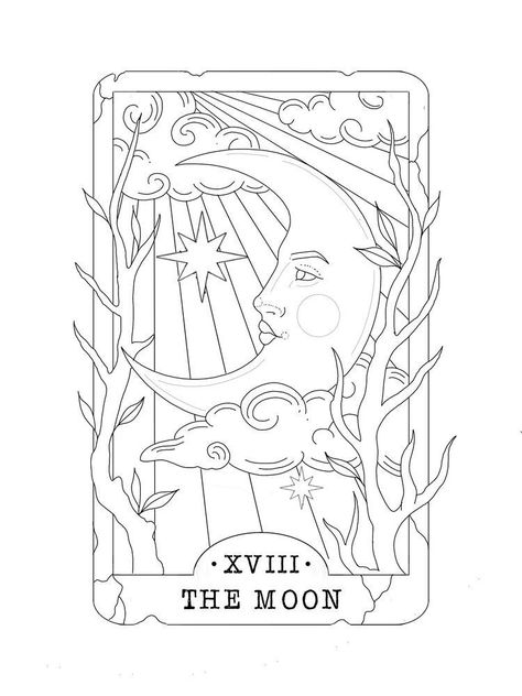 La Luna Tarot Card Tattoo, Tarot Card Tattoo Design Simple, The Moon Tarot Card Drawing, Tarot Colouring Pages, The Moon Tattoo Tarot, Easy Tarot Card Drawing, Tarot Cards Drawing, Tarot Card Sketch, The Moon Tarot Card Tattoo