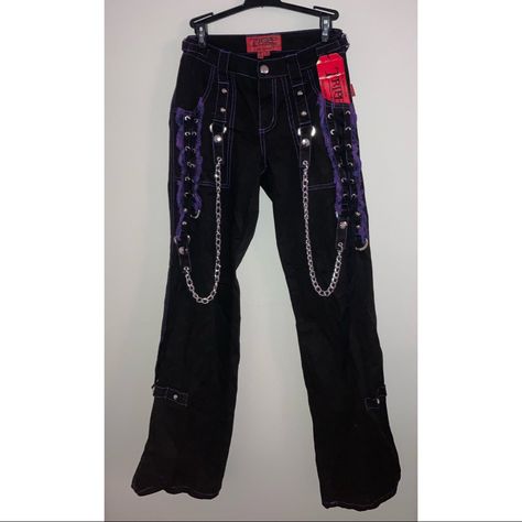 New With Tags Tripp Nyc Pants! Size 1 (Xs/S) With Adjustable Waist Thing Super Cute Just Don’t Fit Me! With Purple Ruffles And Stitching, Removable Chains, And Zipper Leg Openings For My Mall Goths Tripp Jeans, Goth Jeans, Tripp Nyc Pants, Corset Pants, Animal Print Jeans, Black Overalls, Zipper Pants, Black Goth, Tripp Nyc