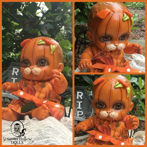 Pumpkinfold Scottish fold pumpkin. One of a kind handmade Halloween art doll. So cute with a touch of creepy! Www.gossamerhollowdolls.etsy.com Scottish Fold, Halloween Art, Art Dolls, So Cute, Projects To Try, Dolls, Disney Characters, Halloween, Anime