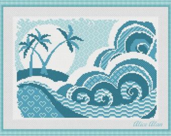 HallStitch Cross stitch patterns for hand by HallStitch on Etsy Beach Cross Stitch, Horse Quilt, Palm Island, Mosaic Crochet, Pola Kristik, Vintage Postage Stamps, Vintage Postage, Original Card, Sea Waves