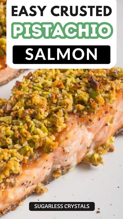 Our homemade pistachio crusted salmon recipe takes a regular salmon dinner and adds flair with a crispy, pistachio crust covering perfectly seasoned, flaky salmon. Perfect for date night dinners or a healthy lunch and dinner idea! Pistachio Encrusted Salmon Recipe, Pistachio Crusted Grouper, Salmon With Pistachio Crust, Pistachio Salmon Recipes, Pistachio Crusted Salmon Recipes, Hs Diet, Pesto Crusted Salmon, Pistachio Salmon, Quick Salmon Recipes