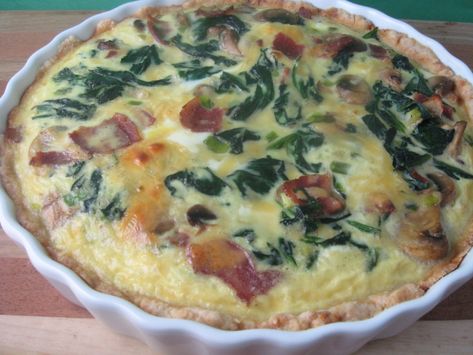 Spinach, Bacon, Mushroom and Gouda Quiche Gouda Quiche, Spinach And Bacon Quiche, Mushroom And Spinach Quiche, Bacon Spinach Quiche, Spinach And Bacon, Mushroom Quiche, Breakfast Quiche Recipes, Quiche Recipes Easy, Bacon Quiche