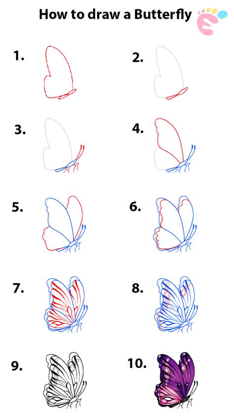 Learn how to draw a Butterfly - Easy drawings for beginners How To Butterfly Drawing, How To Draw A Monarch Butterfly Step By Step, How To Sketch A Butterfly, Butterfly Drawing Steps, Butterfly Art Tutorial, Butterfly Painting Step By Step, How To Paint Butterflies Step By Step, How Do You Draw A Butterfly, How To Draw A Butterfly On A Flower