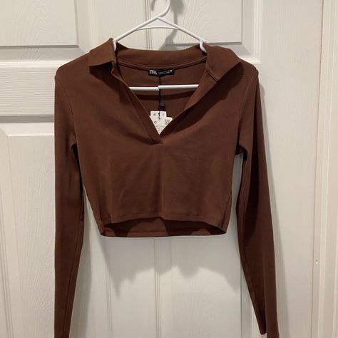 Satin Silk Top, Zara Knitwear, Brown Crop Top, Poplin Top, Gingham Tops, Zara Crop Top, Zara Top, Brown Top, Crop Top Sweater