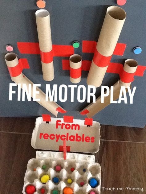 Toilet paper rolls, egg cartons and tape - all you need is a few recyclables for this fine motor pom pom play! (via Teach Me Mommy) Fine Motor Play, Diy Toddler Toys, Quiet Time Activities, Games For Toddlers, Toddler Play, Toddler Fun, Egg Carton, Fine Motor Activities, Paper Rolls