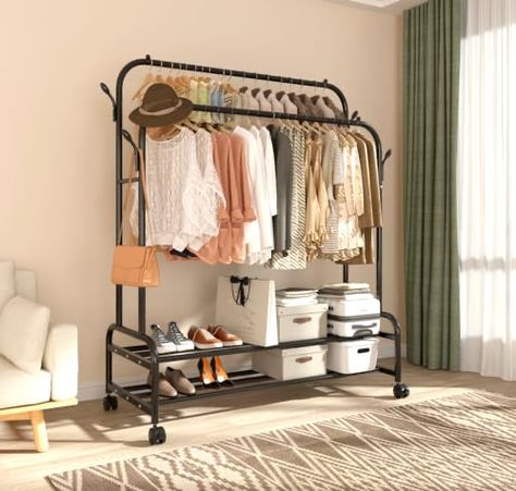 No Closet Solutions Bedroom, Portable Clothing Rack, Clothing Rack With Shelves, Clothing Rack Bedroom, Clothing Racks, Shelf Hooks, Closet Rack, Freestanding Storage, Shoe Shelf