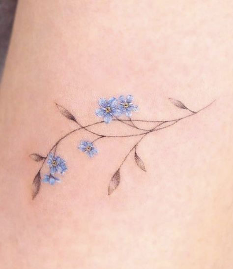 Water Forget Me Not, Fine Line Forget Me Not Flower, Dainty Flower Vine Tattoo, Blue Daisy Tattoo, Blue Cherry Blossom Tattoo, Minimalist Botanical Tattoo, Forget Me Knot Tattoo, Blue Floral Tattoo, Forget Me Nots Tattoo