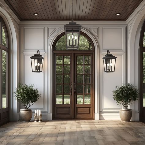 Step into a realm of timeless elegance with the Irvington Manor Outdoor Lighting Collection by The Great Outdoors. Large Outdoor Sconces Front Door, Giant Front Door, Outdoor Lighting Ideas Front Door, Exterior Lights On House, Brick Front House, Transitional Front Door, Outdoor Sconces Front Door, Front Door Lights, Modern Farmhouse Front Door