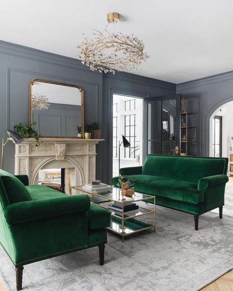 14 Popular Living Room Layouts + Accent Chairs Under $600 - Chris Loves Julia Green Couches, Furnitur Ruang Keluarga, Interior Design Minimalist, Dark Grey Walls, Green Interior Design, Interior Design Per La Casa, Transitional Living, Modern Victorian, Design Salon