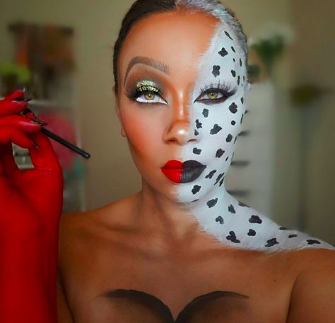 How To Do Cruella Deville Makeup, Dalmatian Makeup, Cruella Inspired Makeup, Halloween Costumes Cruella Deville, Creepy Cruella Deville Makeup, Zombie Makeup Diy, Cruella 2021 Costume, Cruella Costume, Animal Makeup