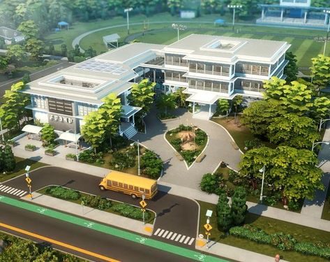 Sims 4 University Campus, Sims 4 Highschool Floorplan, Sims 4 Realistic High School, Sims 4 High School Layout, Sims 4 High School Ideas, Sims 4 Japanese High School, Modern School Bloxburg, Sims 4 High School Building Layout, Sims 4 Modern High School