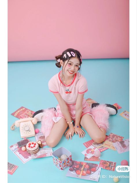 Person In Room Reference, Kawaii Photoshoot Ideas, Girly Pose Reference, Kawaii Photoshoot, Asian Photoshoot, Wide Angle Photography, Colorful Photoshoot, Korean Photoshoot, Pastel Style