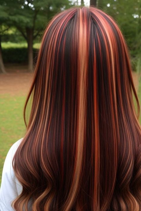 The 8 Best Haircuts for Thick,  Straight Hair - HerStyler Halloween Hair Color Ideas For Brunettes, Cowboy Copper Highlights On Dark Hair, Mommy Hair Makeover, Brown Hair With Copper Highlights, Hair Color Red Highlights, Copper Balayage Brunette, Copper Hair Dark, Cowboy Copper, Skunk Hair