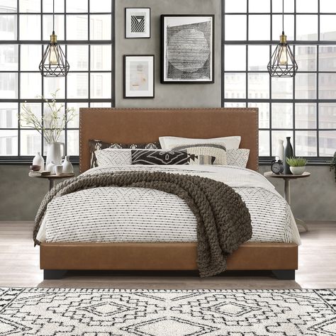 Willow Nailhead Trim Upholstered Queen Bed, Saddle Brown Faux Leather, by Hillsdale Living Essentials - Walmart.com Leather Headboard Bedroom, Brown Leather Bed, Brown Bed Frame, Upholstered Full Bed, Brown Headboard, Upholstered Queen Bed, Leather Bedroom, Box Spring And Mattress, Leather Upholstered Bed