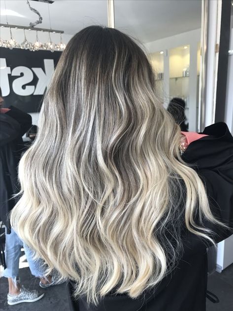 Sombre Hair Blonde Balayage, Sombre Hair Blonde, Blonde Sombre, Ash Blonde Hair Balayage, Baylage Hair, Blonde Hair With Roots, Balayage Long Hair, Blonde Highlights On Dark Hair, Grey Blonde Hair